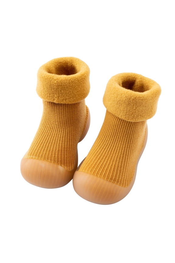 Slippers For Toddlers Kids Baby Boys Girls Solid Warm Knit Soft Sole Rubber Shoes Socks Slipper Stocking for Casual Soft Comfortable Shoes(3-6 Months,Yellow)