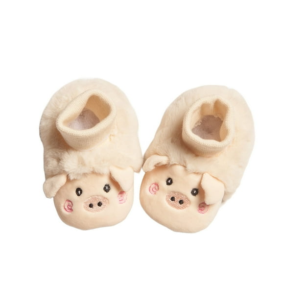 Generic Slippers Toddler Girl Autumn And Winter Children Toddler Boys And Girls Non Slip Flat Socks Plush Warm Solid Color Cute Pig Shape(6-9 Months,Beige)