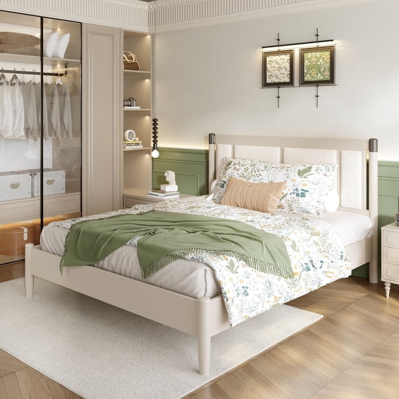 Generic Solid Wood Queen Bed - Grey Upholstered Headboard - No Box Spring Needed