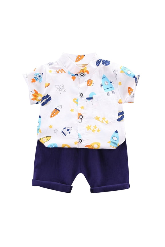 Space Rockets Astronauts for Boy Summer Clothes Sets Lapel Short Sleeve Shirt and shorts 2 Piece Sets for 1-8 Years