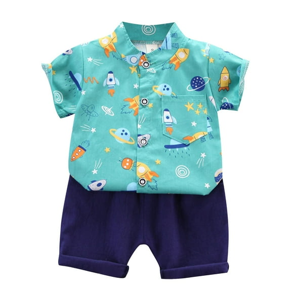 Generic Space Rockets Astronauts for Boy Summer Clothes Sets Lapel Short Sleeve Shirt and shorts 2 Piece Sets for 1-8 Years