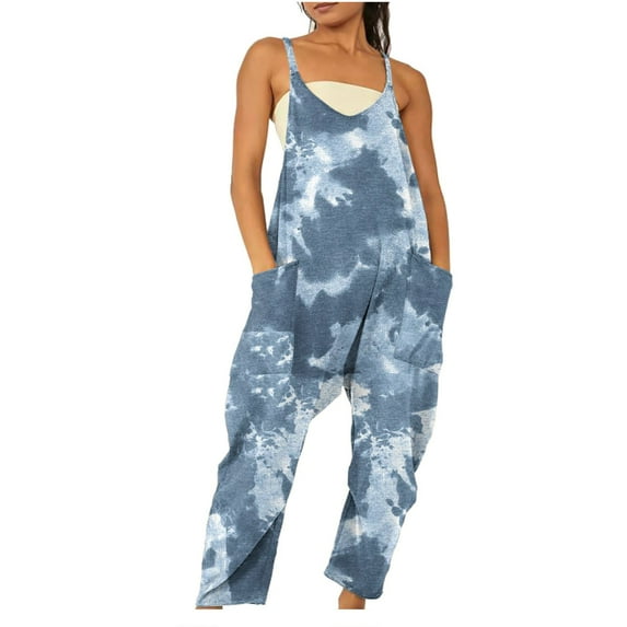 Generic Spaghetti Strap Bohemian Summer Jumpsuits for Women Casual Loose Jumpers with Pockets
