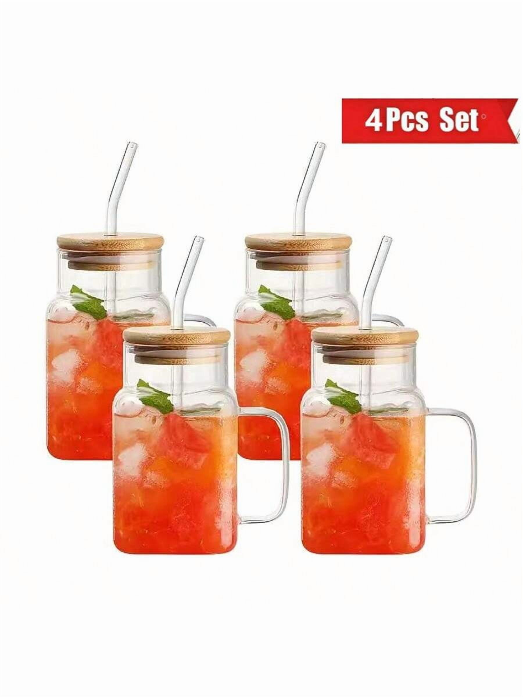 Generic Square Glass Cup with Lid and Straw, 17oz Large Capacity Iced Coffee Tumbler, Clear Borosilicate Drinking Glass for Tea and Juice, 4-Piece Set, Transparent