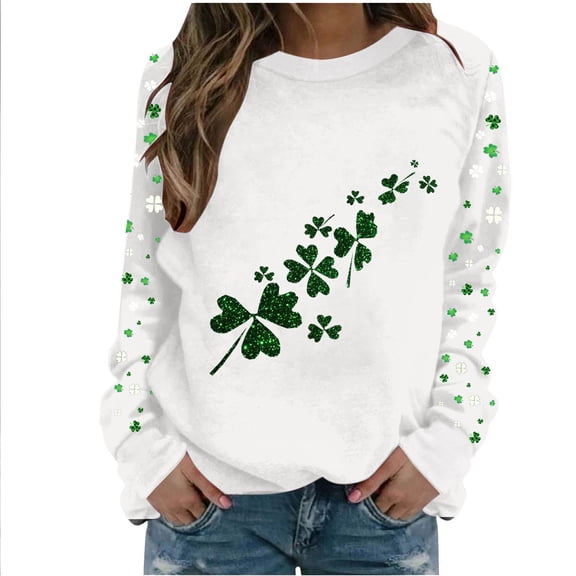 Generic St. Patricks Day Shirts for Women Cute Shamrock Print Long Sleeve Crewneck Tops Causal Funny Tunic Top