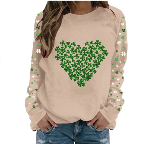 Generic St. Patricks Day Shirts for Women Cute Shamrock Print Long Sleeve Crewneck Tops Causal Funny Tunic Top