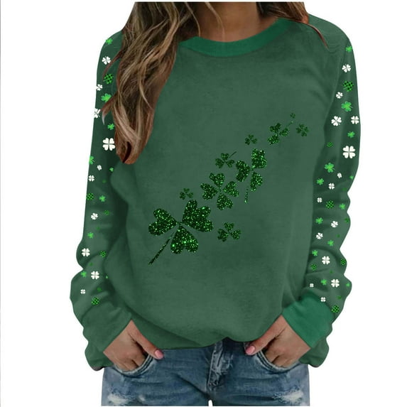 Generic St. Patricks Day Shirts for Women Cute Shamrock Print Long Sleeve Crewneck Tops Causal Funny Tunic Top