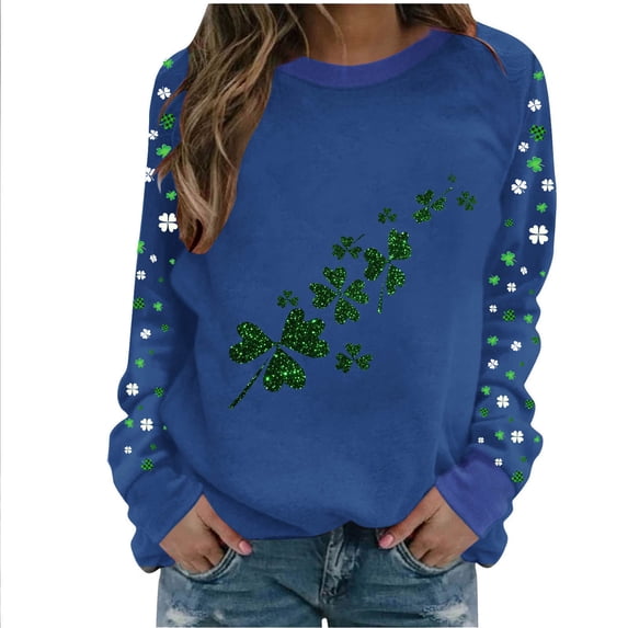 Generic St. Patricks Day Shirts for Women Cute Shamrock Print Long Sleeve Crewneck Tops Causal Funny Tunic Top