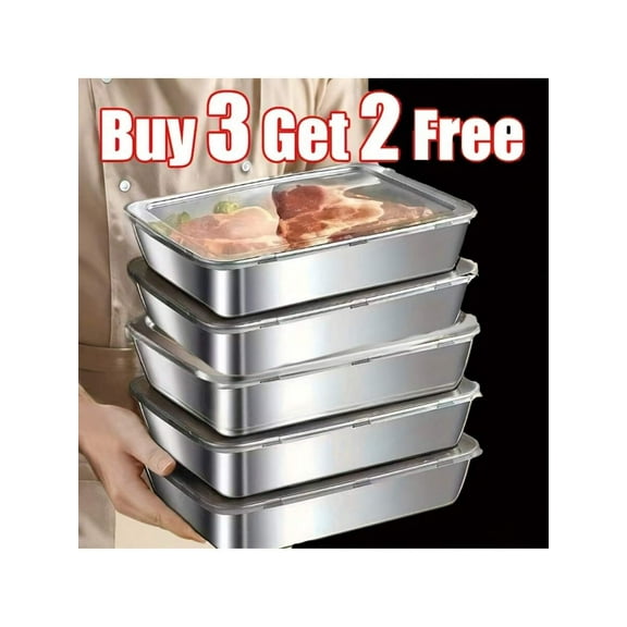 Generic Stainless Steel Food Storage Containers with Lids, 5-Piece Reusable Metal Meal Prep Bins, Nesting Kitchen Organization Trays for Picnic and Fridge, Silver, Large & Medium