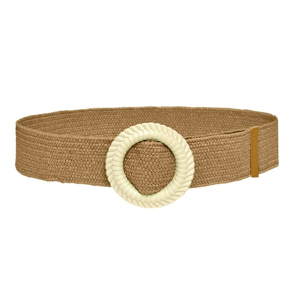 Generic Straw Woven Elastic Waist Belt for Women Boho Dress Braided Belt Women Solid Woven Elastic Casual Summer Belt Stretch Skinny Belt With Wooden Buckle