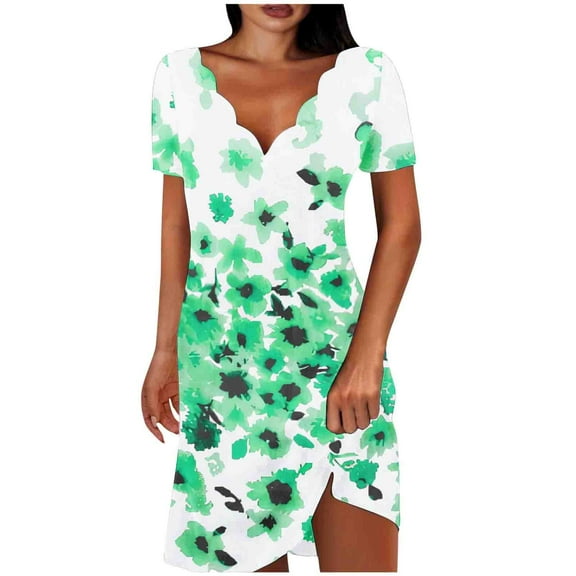 Generic Summer Dresses for Women Boho Floral Print Short Sleeve Lapel V Neck Dress Knee Length Beach Casual Resort Sundress