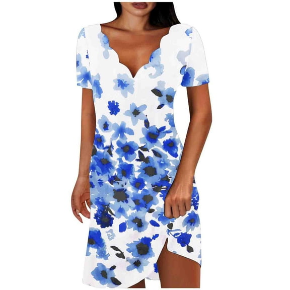 Generic Summer Dresses for Women Boho Floral Print Short Sleeve Lapel V Neck Dress Knee Length Beach Casual Resort Sundress