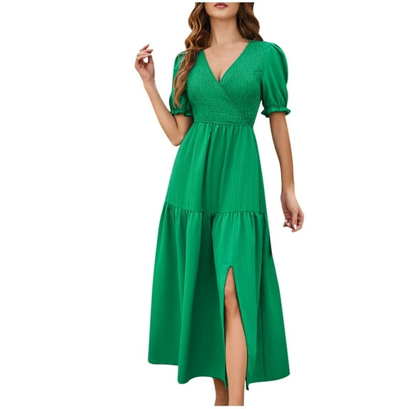 Generic Summer Dresses for Women Floral Casual V Neck Short Sleeve Maxi Dress Flowy A-Line Hawaiian Boho Beach Sundress