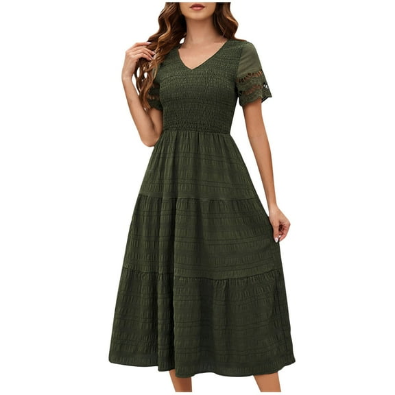 Generic Summer Dresses for Women Floral Casual V Neck Short Sleeve Maxi Dress Flowy A-Line Hawaiian Boho Beach Sundress