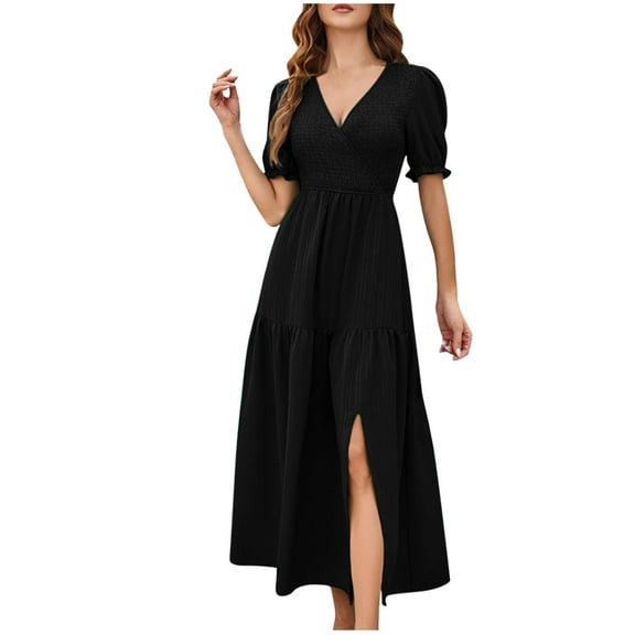 Generic Summer Dresses for Women Floral Casual V Neck Short Sleeve Maxi Dress Flowy A-Line Hawaiian Boho Beach Sundress