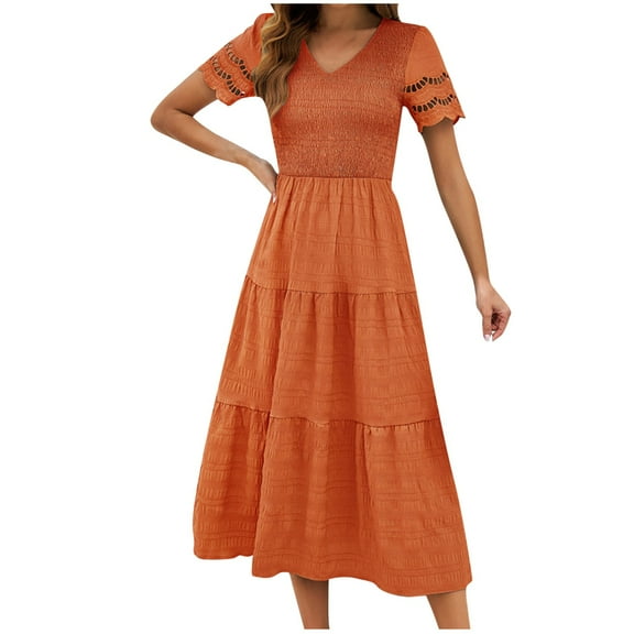 Generic Summer Dresses for Women Floral Casual V Neck Short Sleeve Maxi Dress Flowy A-Line Hawaiian Boho Beach Sundress