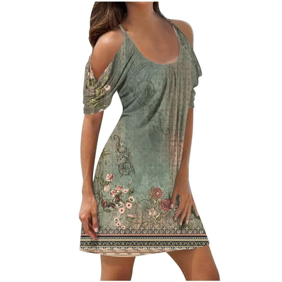 Generic Summer Tank Dresses for Womens Sleeveless Round-Neck Fashion Boho Style Floral Dress Comfy Pleated Beach Sundress