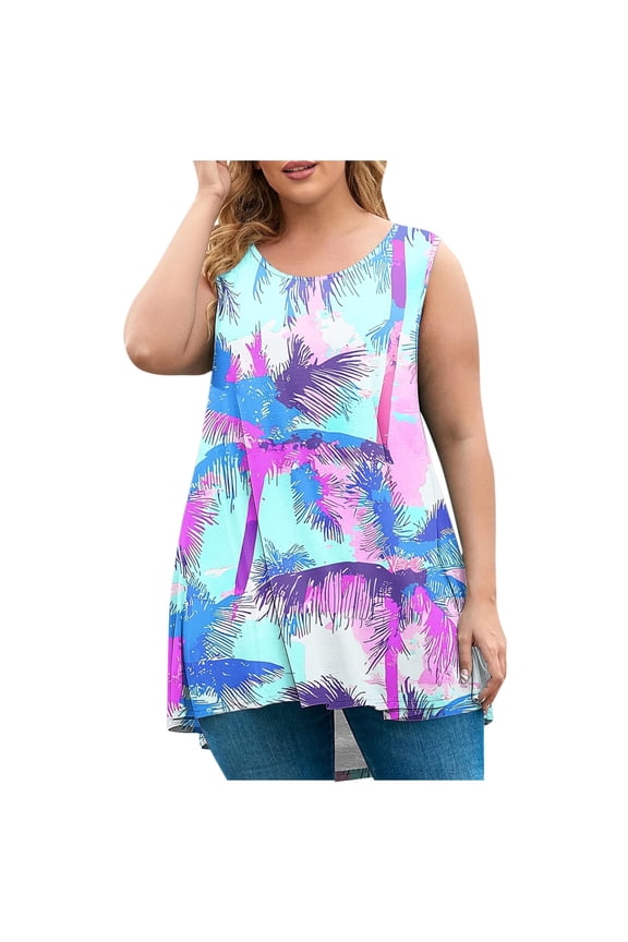 Summer Tank Top for Women Plus Size Sunset Beach Coconut Palm Print Sleeveless Shirts Hawaiian Casual Tank Tops