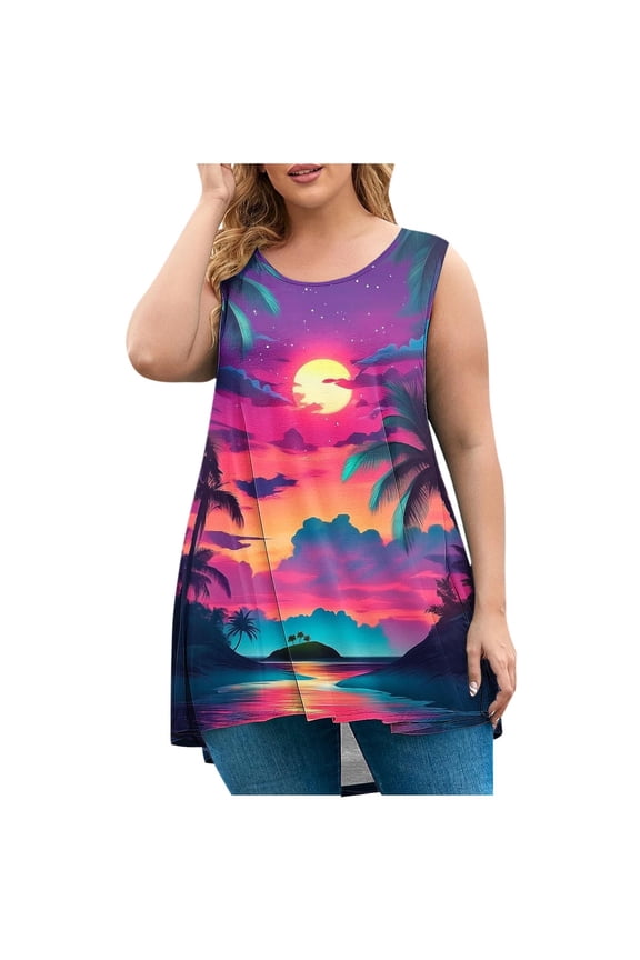 Summer Tank Top for Women Plus Size Sunset Beach Coconut Palm Print Sleeveless Shirts Hawaiian Casual Tank Tops