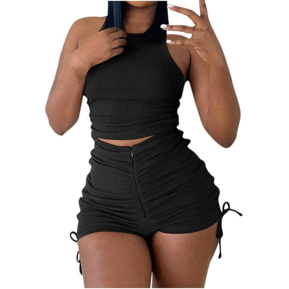 Generic Summer Two Piece Outfits for Women, Casual Stretchy Ribbed Tank Crop Top Ruched Shorts Set Workout Tracksuits