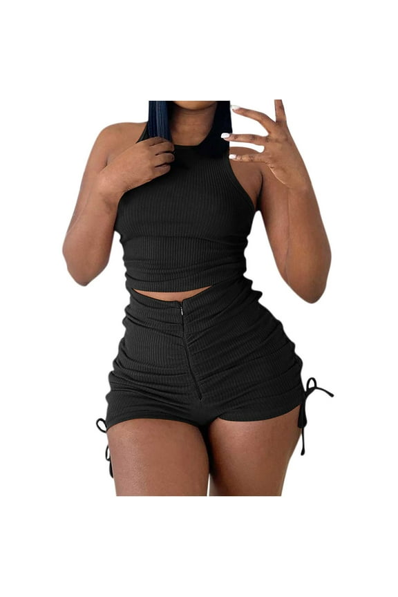 Summer Two Piece Outfits for Women, Casual Stretchy Ribbed Tank Crop Top Ruched Shorts Set Workout Tracksuits