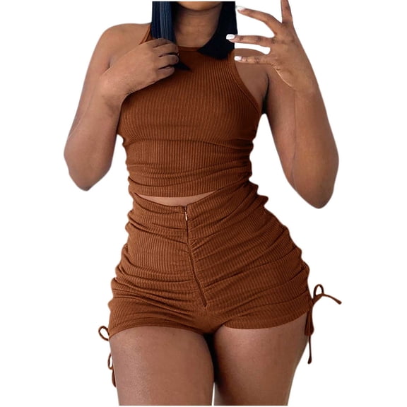 Generic Summer Two Piece Outfits for Women, Casual Stretchy Ribbed Tank Crop Top Ruched Shorts Set Workout Tracksuits