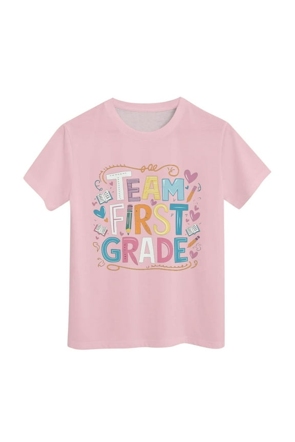 TEAM FIRST GRADE Letter Printed Girls Kids Back To School T Shirt Short Sleeve Children Student School Tees Gifts 2024 Comfortable for Holiday Christmas Party(5-6 Years Pink)