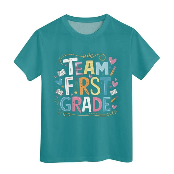 Generic TEAM FIRST GRADE Letter Printed Girls Kids Back To School T Shirt Short Sleeve Children Student School Tees Gifts 2024 Comfortable for Holiday Christmas Party（7-8 Years Green）
