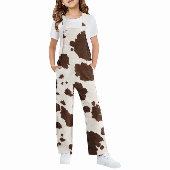Generic Teen Girl Cow Overalls Adjustable Straps Wide Leg Casual Jumpsuit Onesie