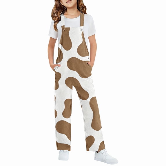Generic Teen Girl Cow Overalls Adjustable Straps Wide Leg Casual Jumpsuit Onesie