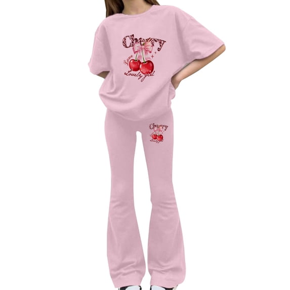 Generic Teen Girls Clothes Bow Print Top and Wide Leg Pants Matching Outfit Set with Pocket Ruched Slim Fit Summer Vacation Tracksuit