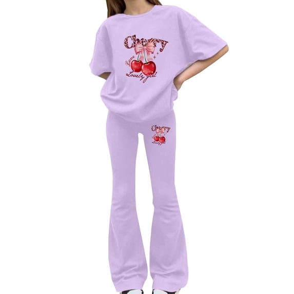 Generic Teen Girls Clothes Bow Print Top and Wide Leg Pants Matching Outfit Set with Pocket Ruched Slim Fit Summer Vacation Tracksuit