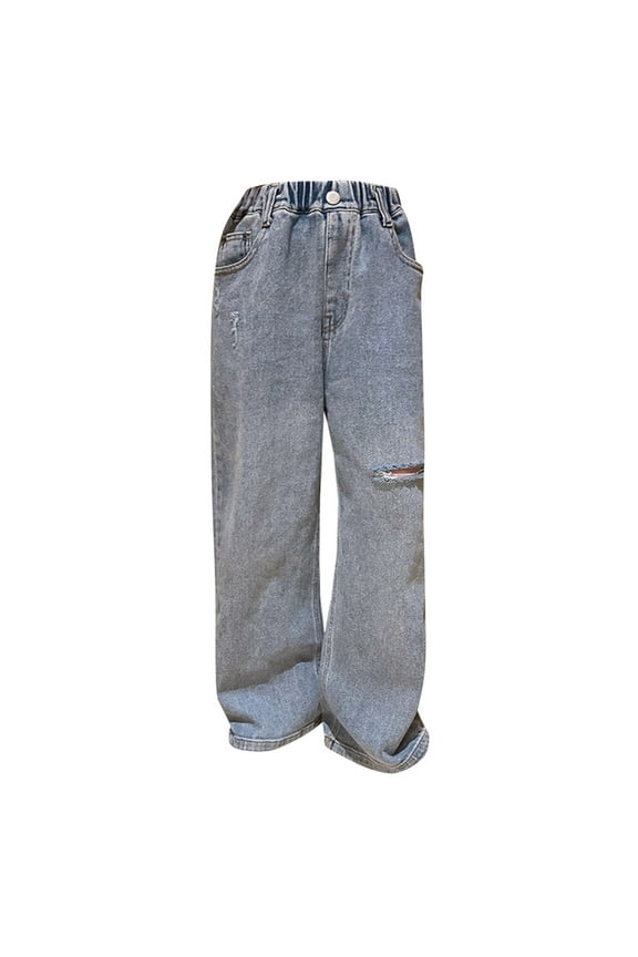 Teen Girls' Relaxed Fit Jeans Big Girls' Baggy Jeans Junior Girls' Retro Denim Trousers Kids Girls Ripped Distressed Washed Baggy Wide Leg Casual Jeans Size 5-16 Years