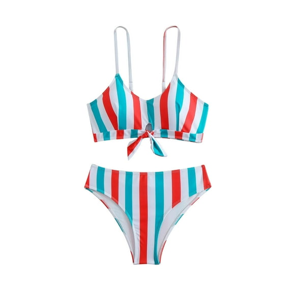 Generic Thong Bikini Sets for Women High Waisted Cut Out Striped Swimsuits 2 Piece Spaghetti Strap Cheeky Bathing Suit