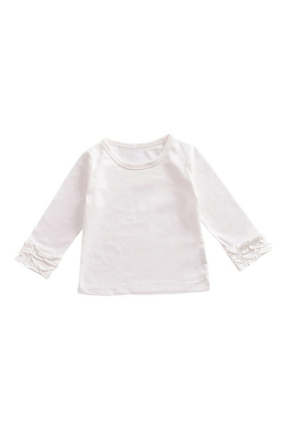 Toddler Baby Girl Basic Solid Color T Shirt with Bow Neckline Lace Sleeve Crew Neck Long Sleeve Soft Cotton Clothes Top (6-12 Months,White)