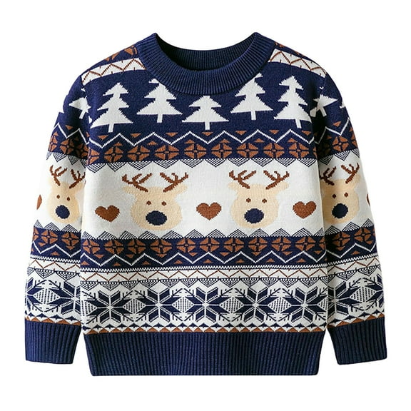 Generic Toddler Baby Girl Boy Cute Long Sleeve Christmas Deer Knitted Sweater Pullover Tops Autumn Winter Warm Crewneck Clothes Xmas Outfits(2 Years,Navy)