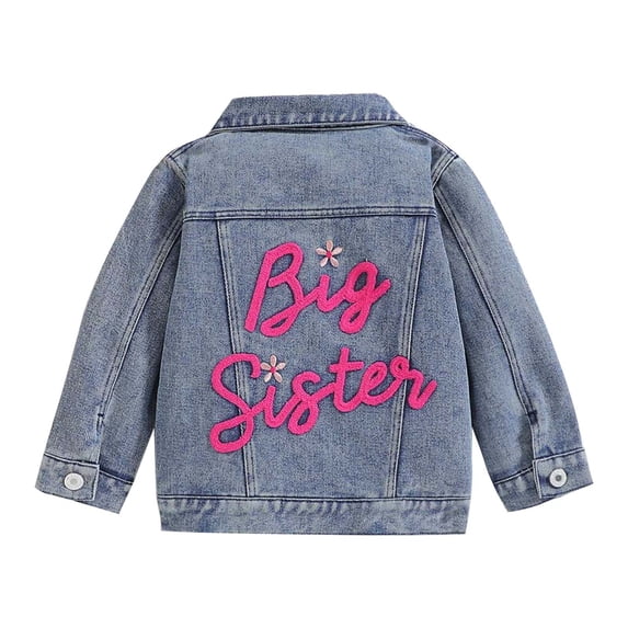Generic Toddler Baby Girls Jacket Big Sister Letter Embroidery Denim Jacket Fall Cute Casual Long Sleeve Cardigan Button Denim Coat