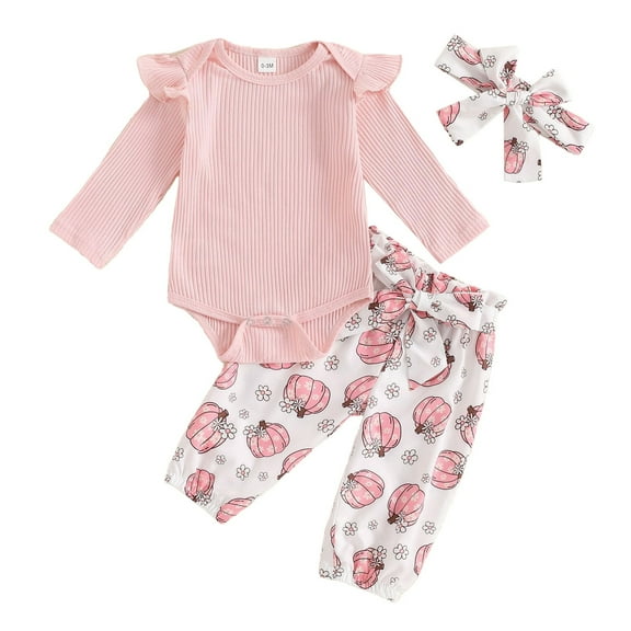 Generic Toddler Baby Girls Set Long Sleeve Pumpkin Print Pants + Headband 3 Set Fall Winter Clothes for Halloween Outfit （12-18 Months Pink）