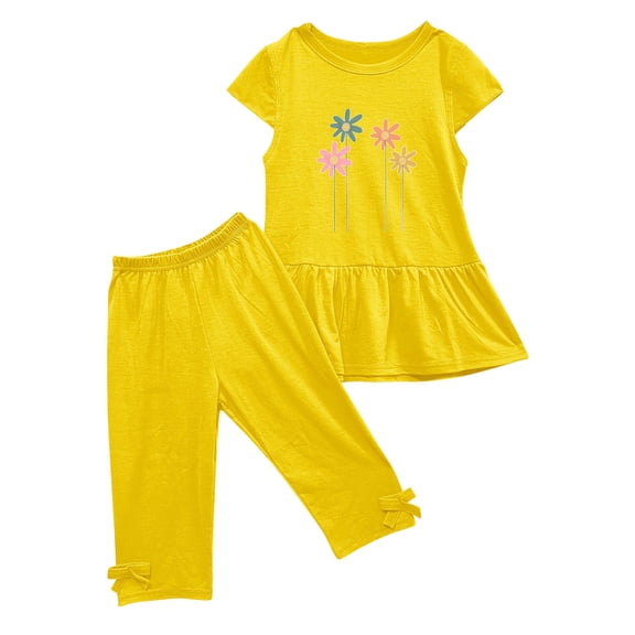 Generic Toddler Baby Girls Summer Outfits Short Sleeve Ruffle T-Shirt and Cropped Capri Leggings 2 Piece Sets for 1-10Years