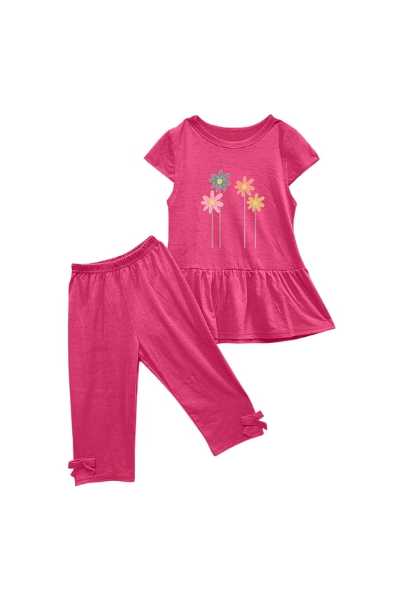 Toddler Baby Girls Summer Outfits Short Sleeve Ruffle T-Shirt and Cropped Capri Leggings 2 Piece Sets for 1-10Years
