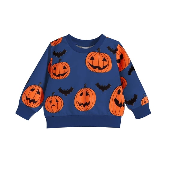 Generic Toddler Baby Kids Boys Girls Halloween Long Sleeve Crewneck Pumpkin Prints Pullover T Shirt Sweatshirt Tops Winter Clothes(6-12 Months,Navy)