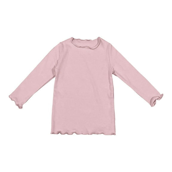 Generic Toddler Baby Kids Girl Solid Color T-Shirt Wooden Ear Edge Fashion Long Sleeve Crew Neck Top Comfort Soft Thick Basic T-Shirt(12-18 Months,Pink)