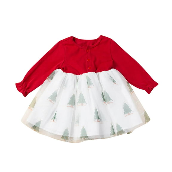 Generic Toddler Baby Kids Girls Christmas Trees Prints Tulle Mesh Dress Princess Set Outfits Autumn Winter Clothes for Holiday Party Christmas（12-24 Months Red）