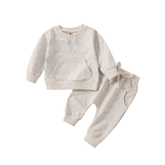 Generic Toddler Boys Girls Pullover Tops Fall Winter Long Sleeve Solid Colour Prints Tops Sweatshirt Pants 2PCS Outfits Clothes Set for Babys Clothes(18-24 Months Gray)