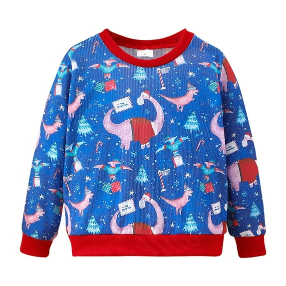 Generic Toddler Boys Girls Sweater Autumn/Winter Long Sleeve Strips Christmas Day Cartoon Print Sweater for Halloween Thanksgiving Day Christmas (2-3 Years Blue)