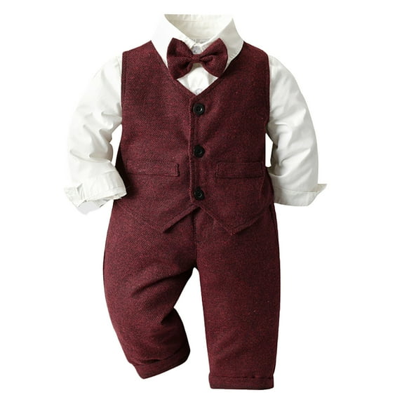 Generic Toddler Boys Long Sleeve Shirt Tops Vest Coat Pants Child Kids with Bow Tie Gentleman Outfits for Catwalk Performance Holiday Party Wedding Christmas(90 Red)