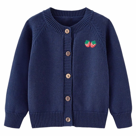 Generic Toddler Girl Top Girls Cardigan Sweater Autumn/Winter Strawberry Print Solid Color Knitted Jacket Party Birthday School for Fashion Comfortable Breathable(5-6 Years,Navy)