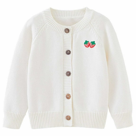 Generic Toddler Girl Top Girls Cardigan Sweater Autumn/Winter Strawberry Print Solid Color Knitted Jacket Party Birthday School for Fashion Comfortable Breathable(18-24 Months,White)