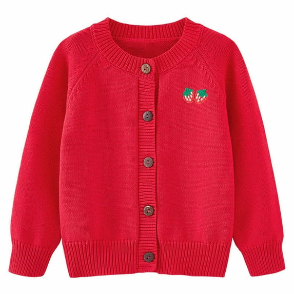 Generic Toddler Girl Top Girls Cardigan Sweater Autumn/Winter Strawberry Print Solid Color Knitted Jacket Party Birthday School for Fashion Comfortable Breathable(3-4 Years,Red)