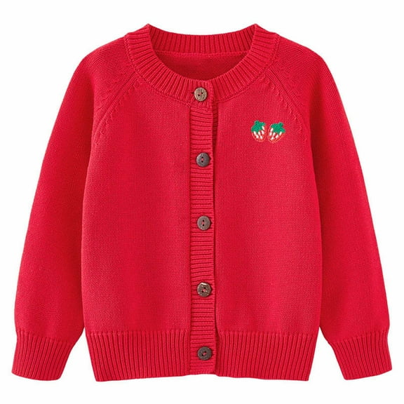 Generic Toddler Girl Top Girls Cardigan Sweater Autumn/Winter Strawberry Print Solid Color Knitted Jacket Party Birthday School for Fashion Comfortable Breathable(4-5 Years,Red)