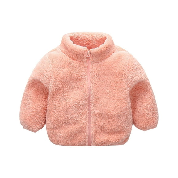 Generic Toddler Girls Boys Long Sleeve Thick Solid Color Plush Zipper Stand Collar Coat Puffer Jacket for 1-7 Years for Holiday Winter Party Christmas（4-5 Years Pink）